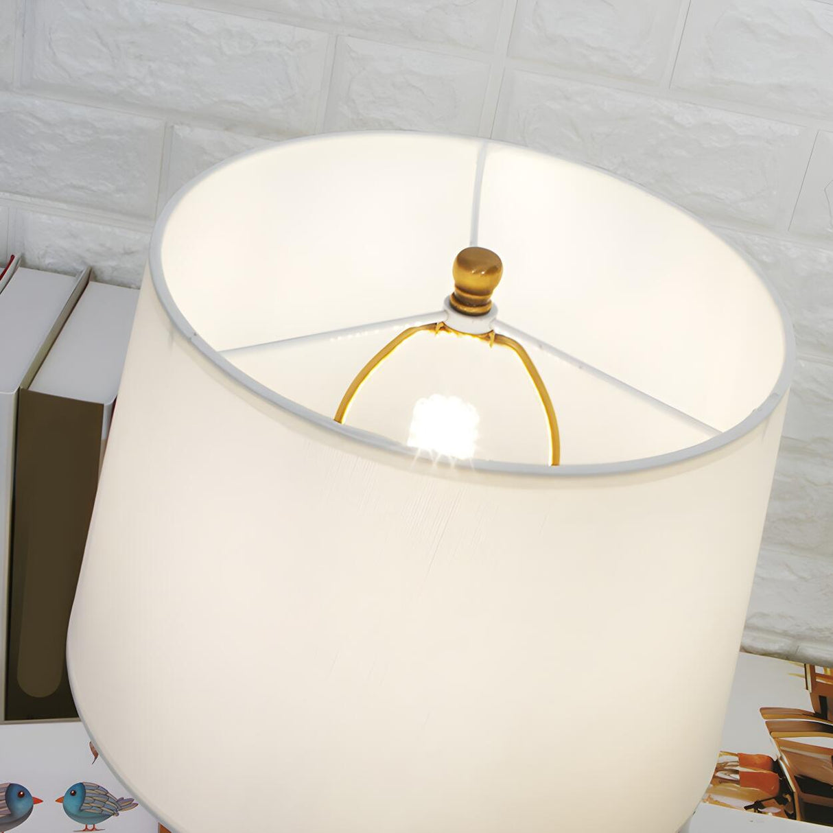 Modern White Drum Fabric Shade Cylindrical Table Lamp Image - 8