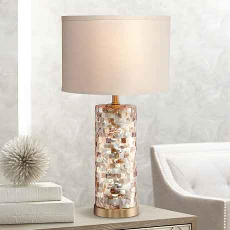 Modern White Drum Shade Chic Cylinder Base Table Lamp Image - 1