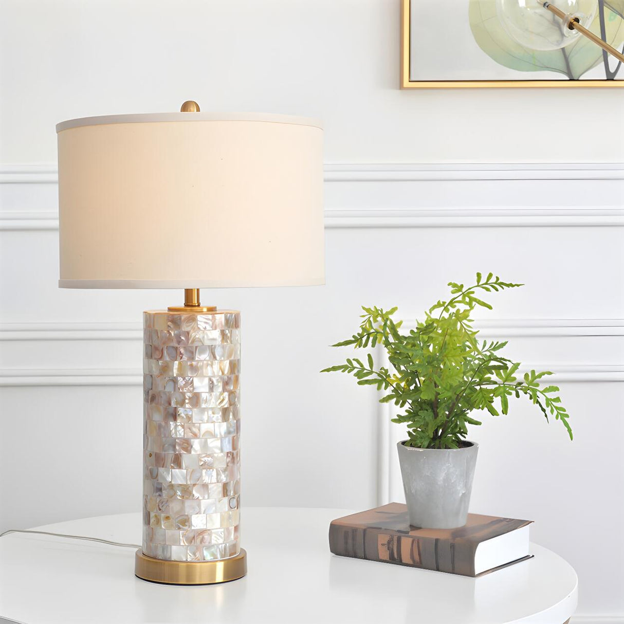 Modern White Drum Shade Chic Cylinder Base Table Lamp Image - 2