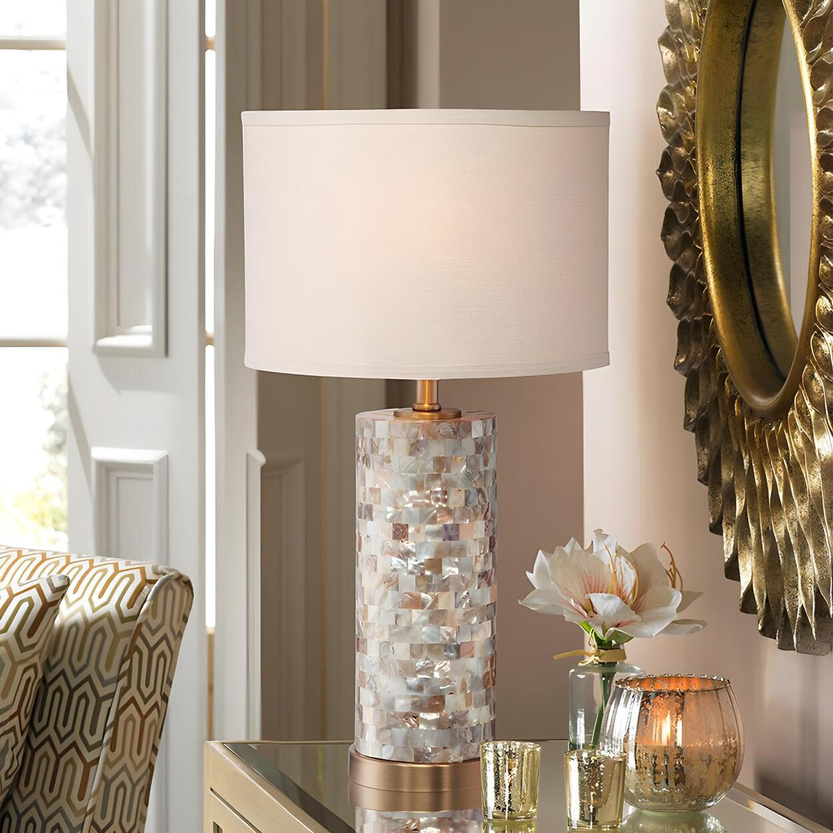 Modern White Drum Shade Chic Cylinder Base Table Lamp Image - 3