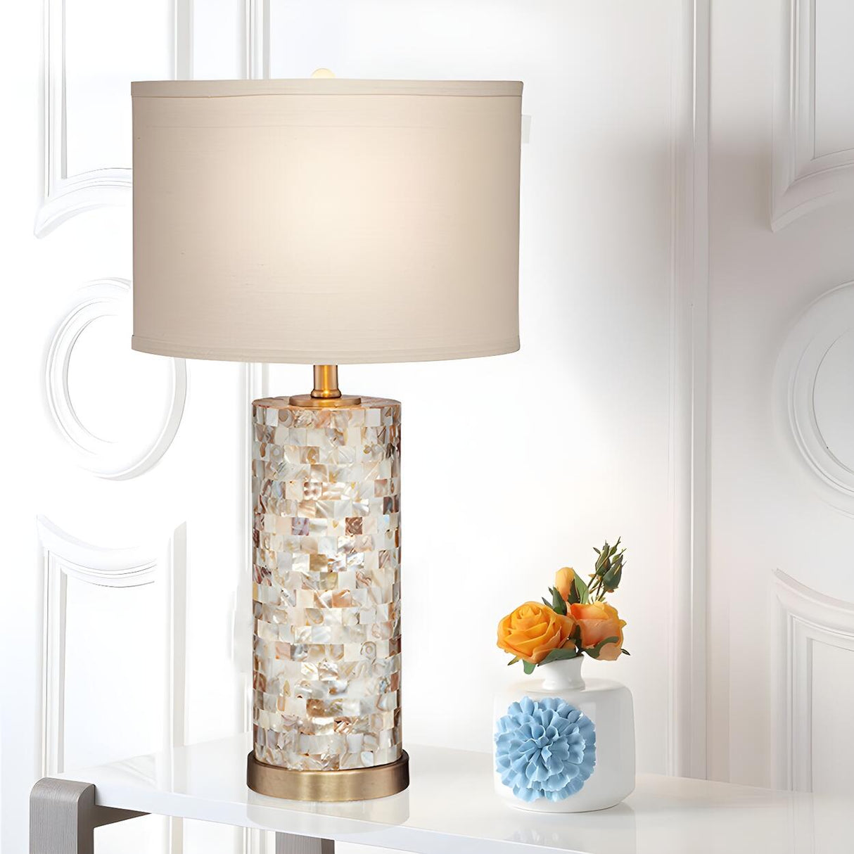 Modern White Drum Shade Chic Cylinder Base Table Lamp Image - 4