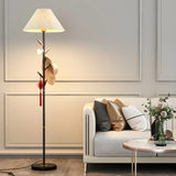 Modern White Fabric Cone LED Floor Lamp with Shelf Image - 1