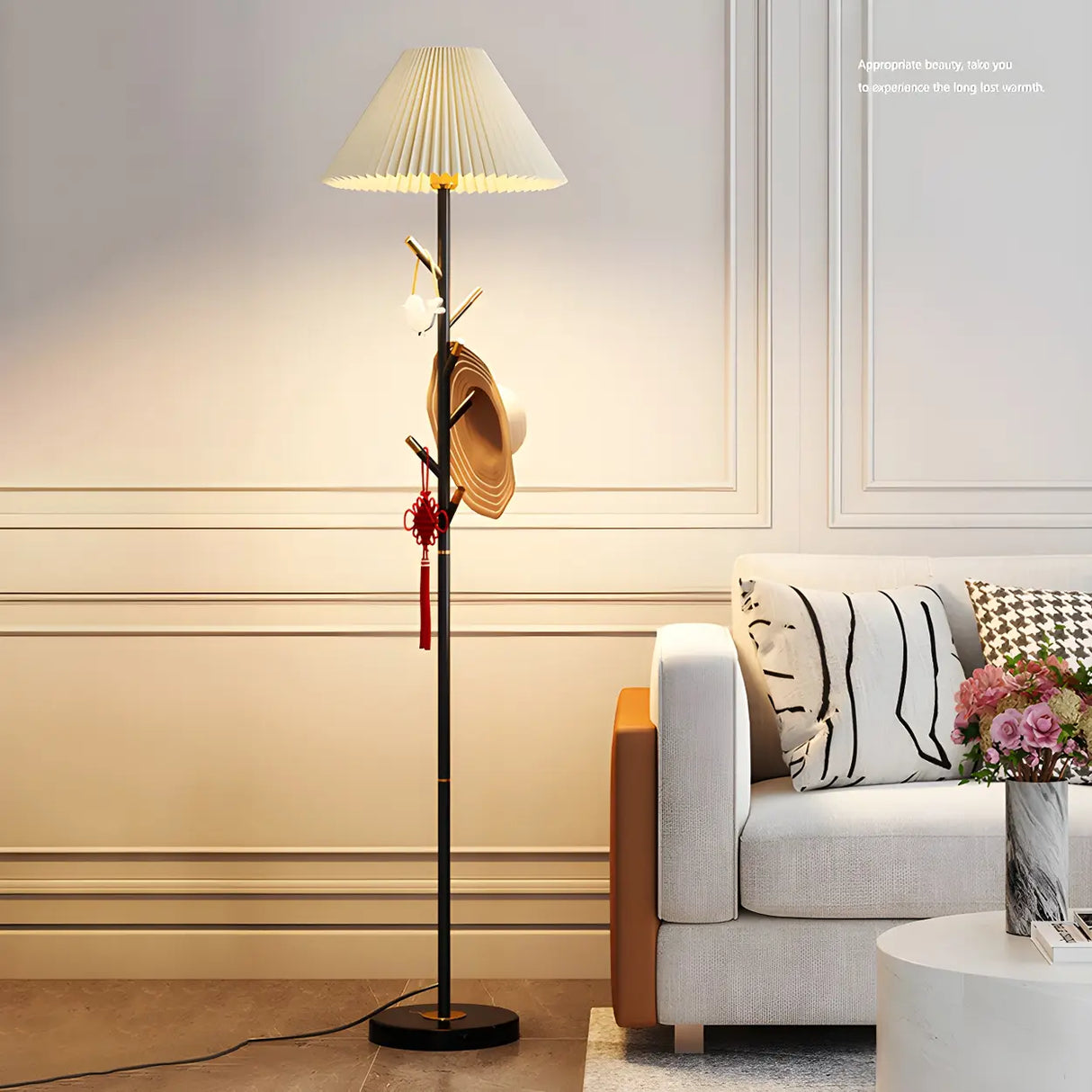 Modern White Fabric Cone LED Floor Lamp with Shelf Image - 14