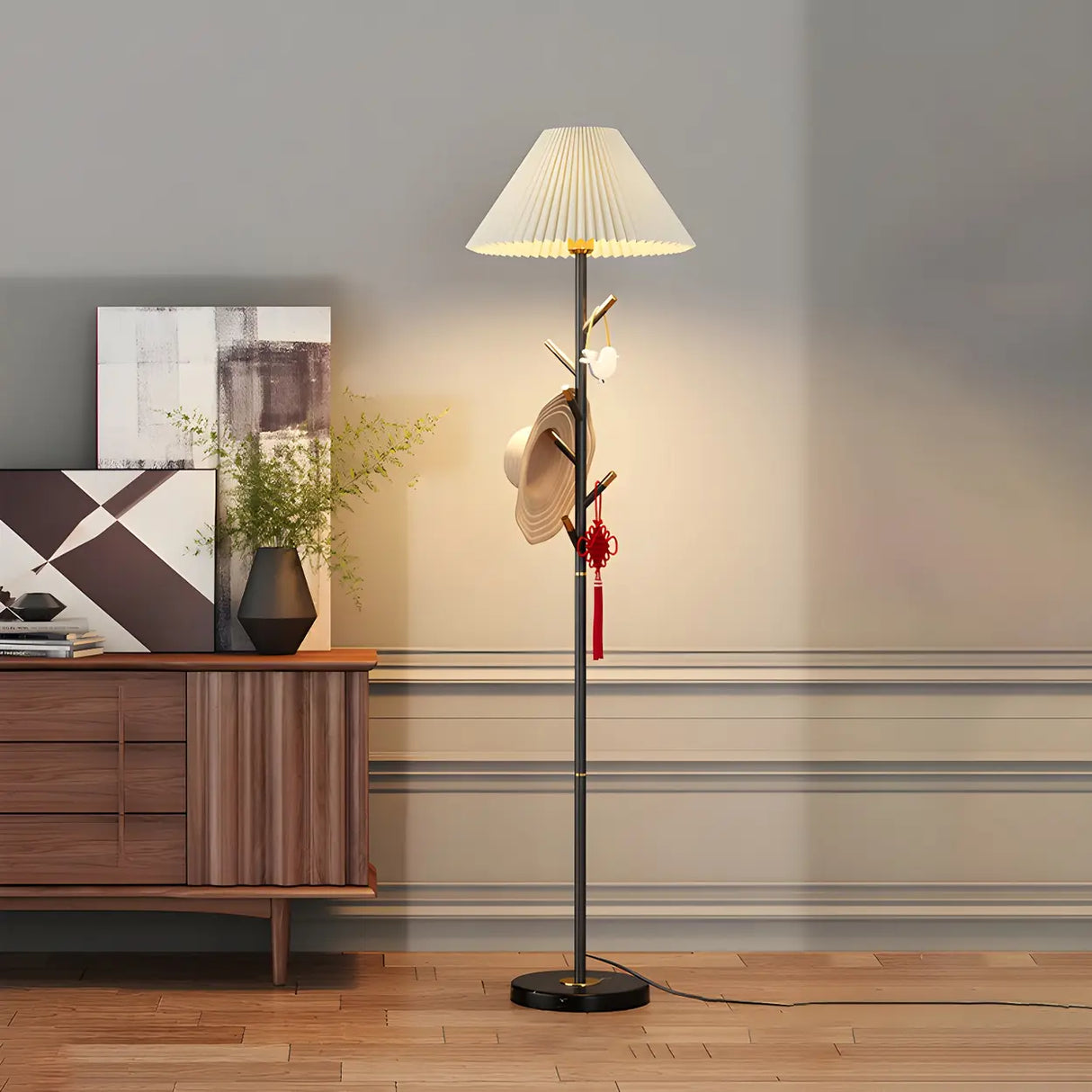 Modern White Fabric Cone LED Floor Lamp with Shelf Image - 16