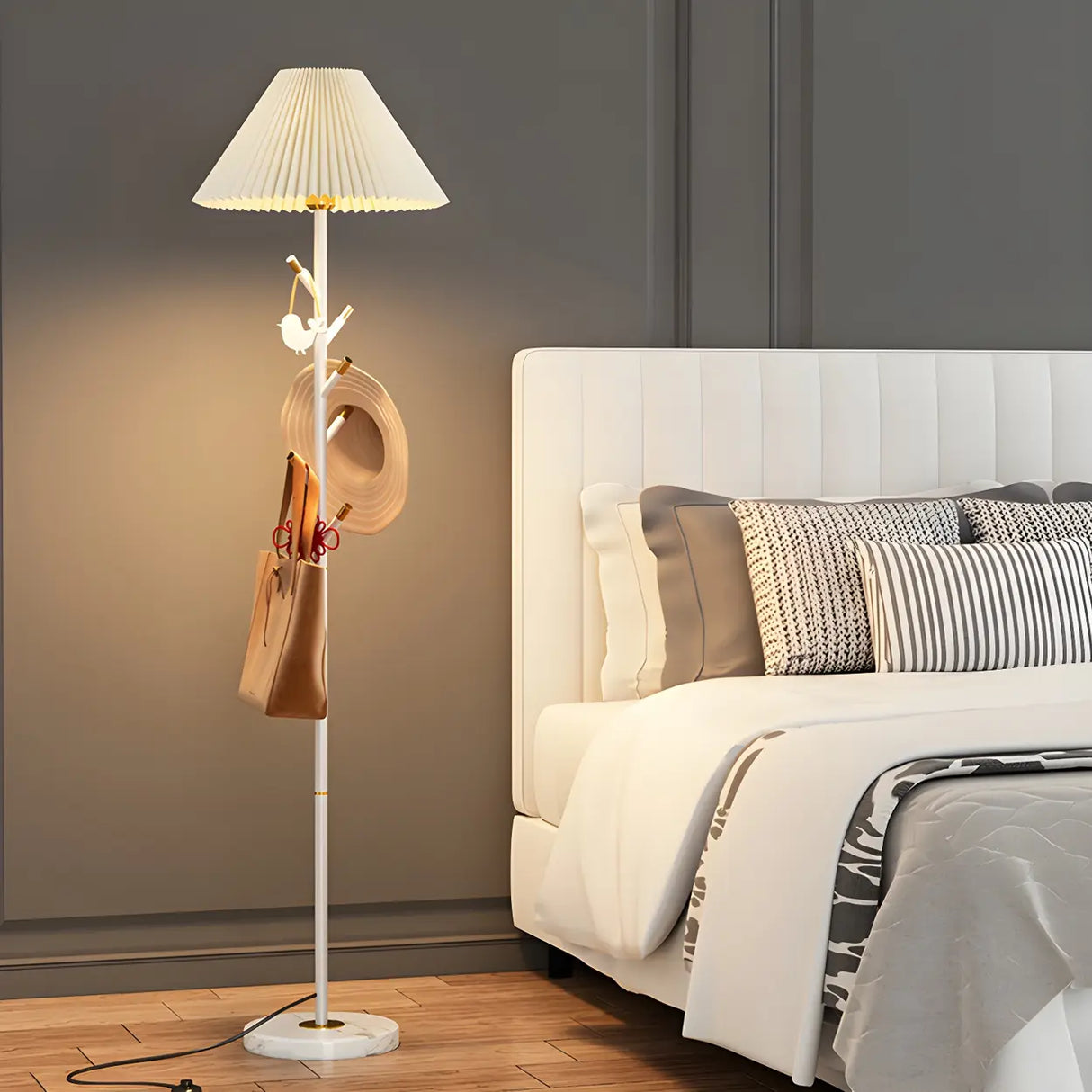 Modern White Fabric Cone LED Floor Lamp with Shelf Image - 5