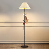 Modern White Fabric Cone LED Floor Lamp with Shelf Image - 9