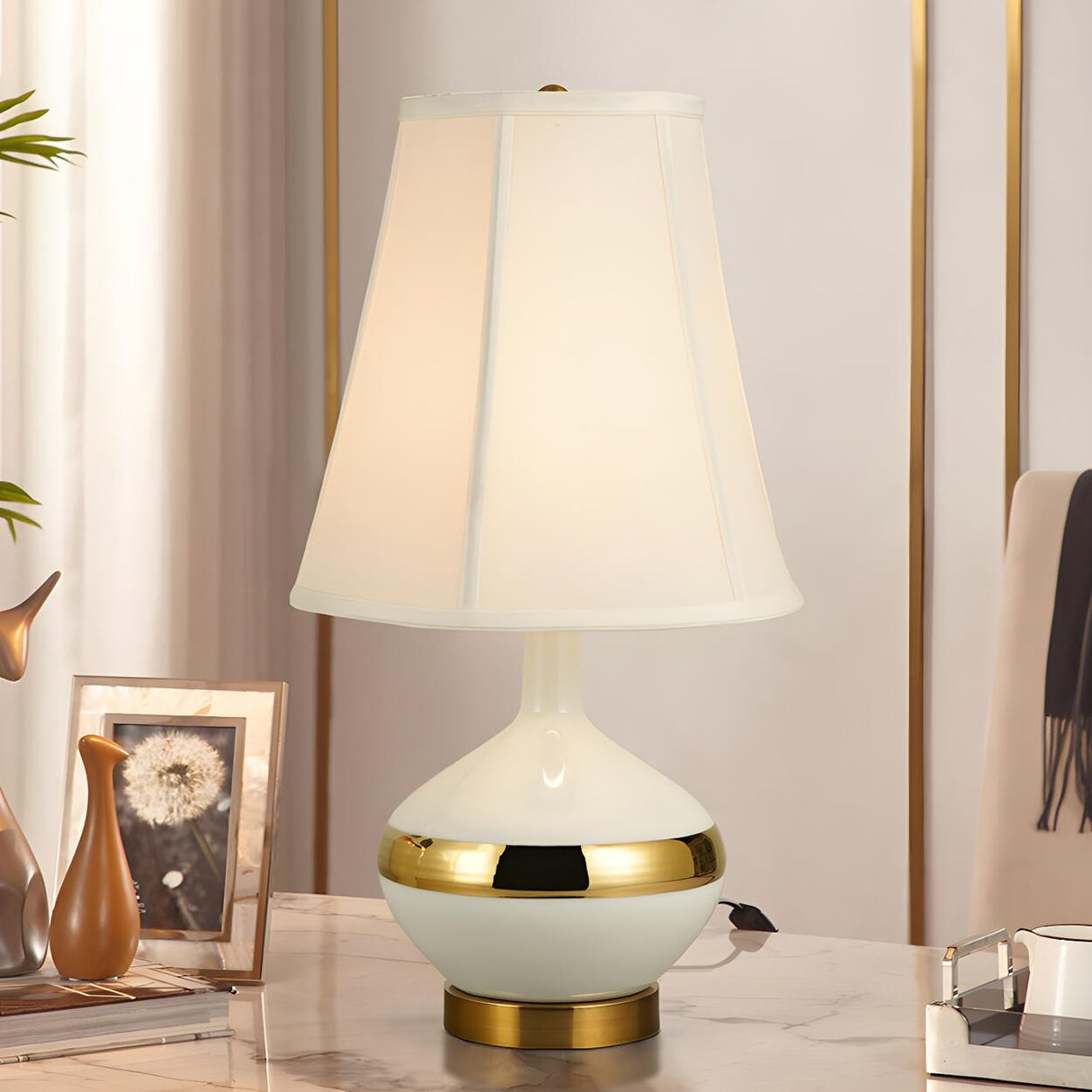 Modern White Fabric Gold Accent Vase Base Table Lamp Image - 10