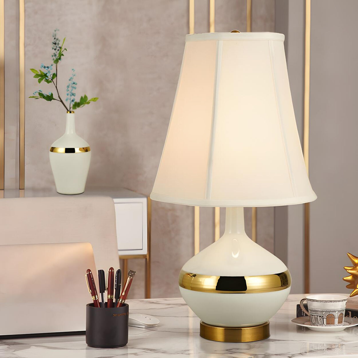 Modern White Fabric Gold Accent Vase Base Table Lamp Image - 13