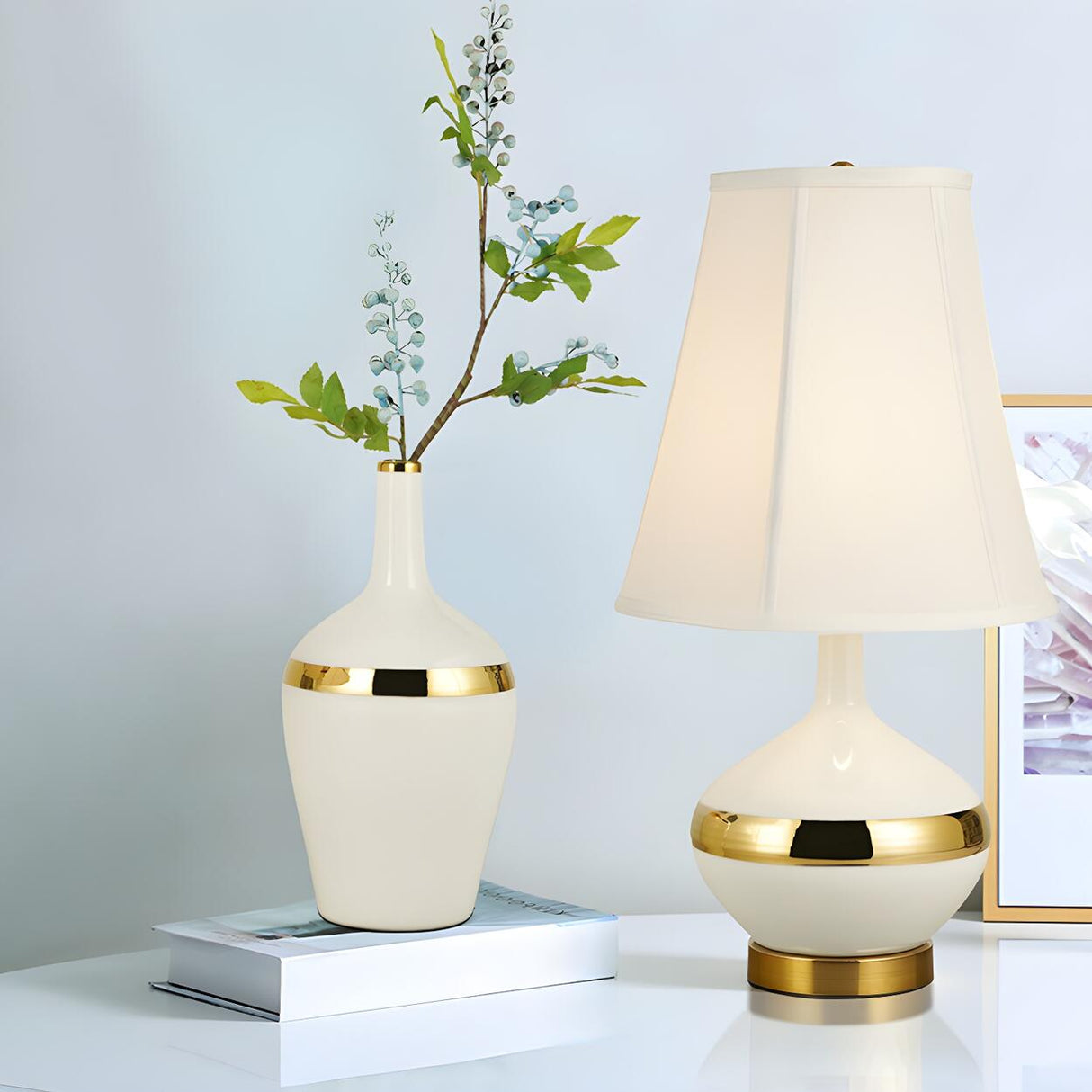 Modern White Fabric Gold Accent Vase Base Table Lamp Image - 15