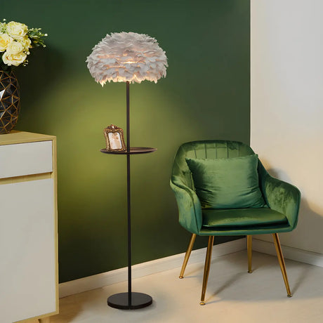 Modern White Feather Globe Floor Lamp with Shelf Image - 1