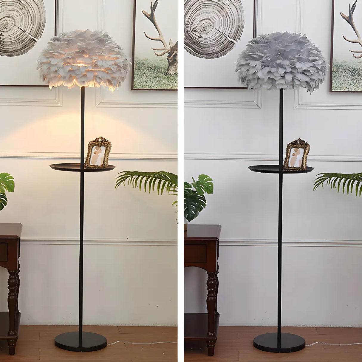 Modern White Feather Globe Floor Lamp with Shelf Image - 14