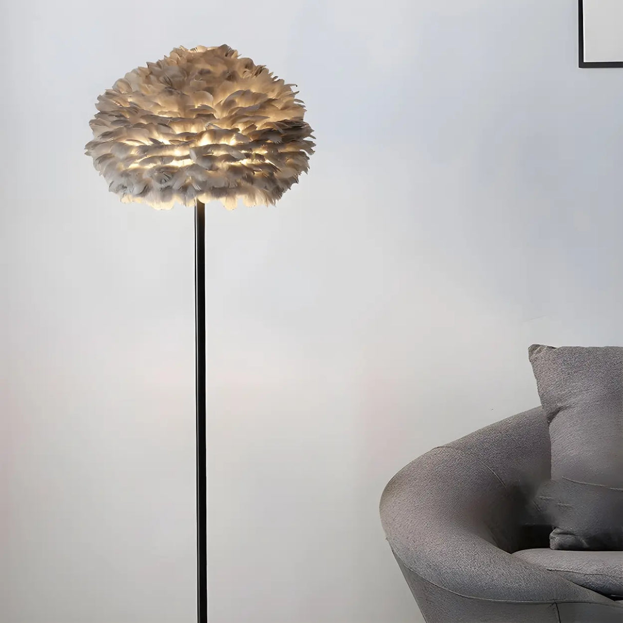 Modern White Feather Globe Floor Lamp with Shelf Image - 15