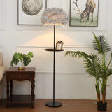 Modern White Feather Globe Floor Lamp with Shelf Image - 16