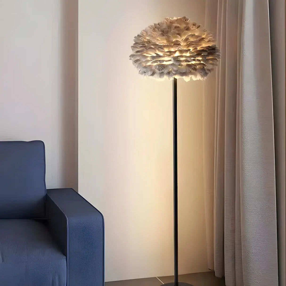 Modern White Feather Globe Floor Lamp with Shelf Image - 4