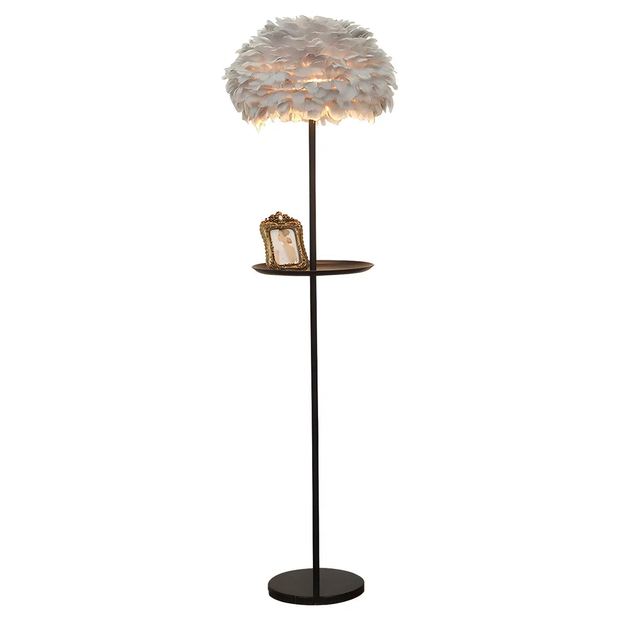 Modern White Feather Globe Floor Lamp with Shelf Image - 6