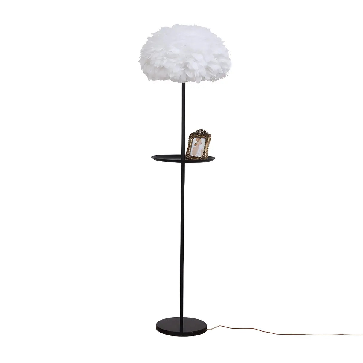 Modern White Feather Globe Floor Lamp with Shelf Image - 7