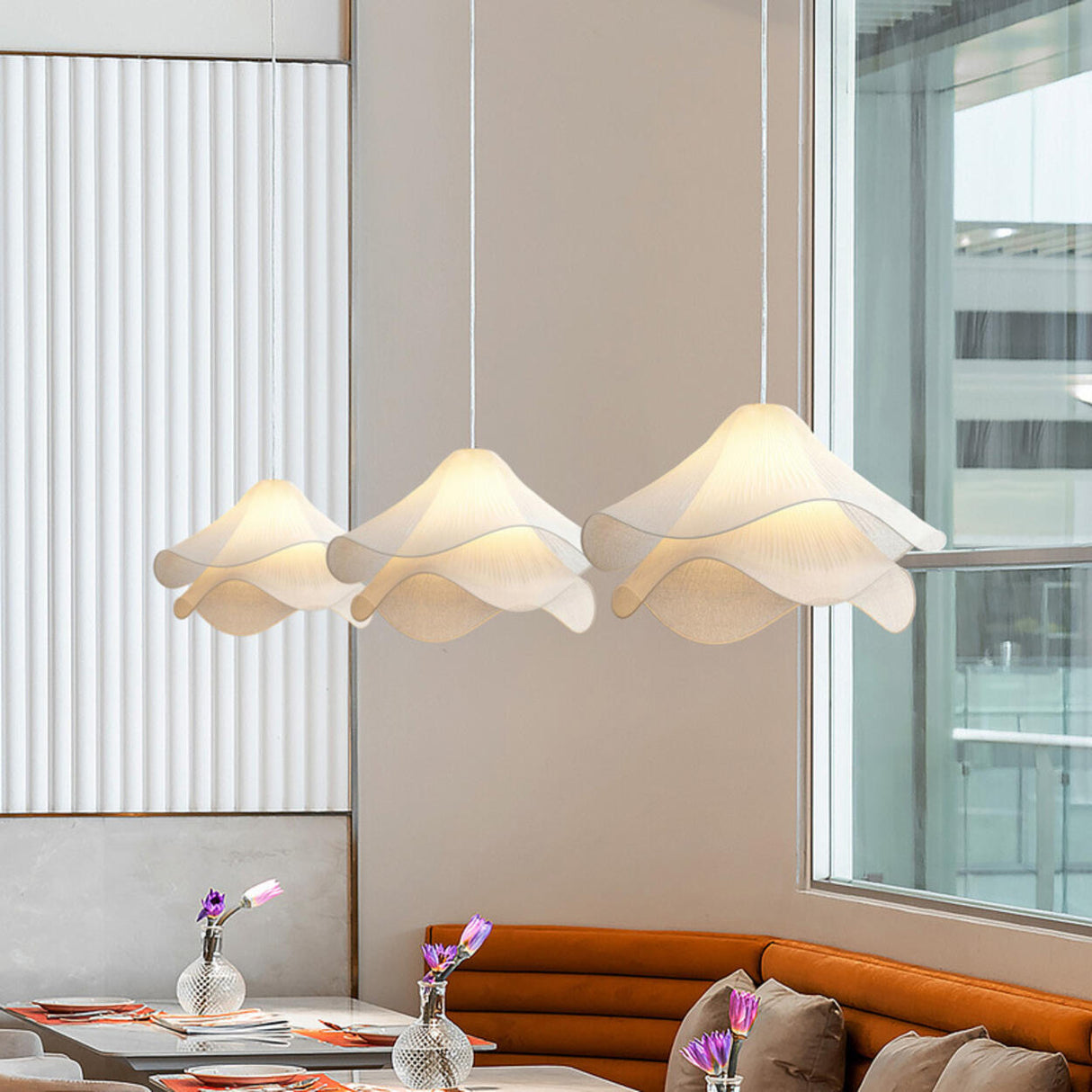 Modern White Floral Flowing Fabric Pendant Light Image - 1