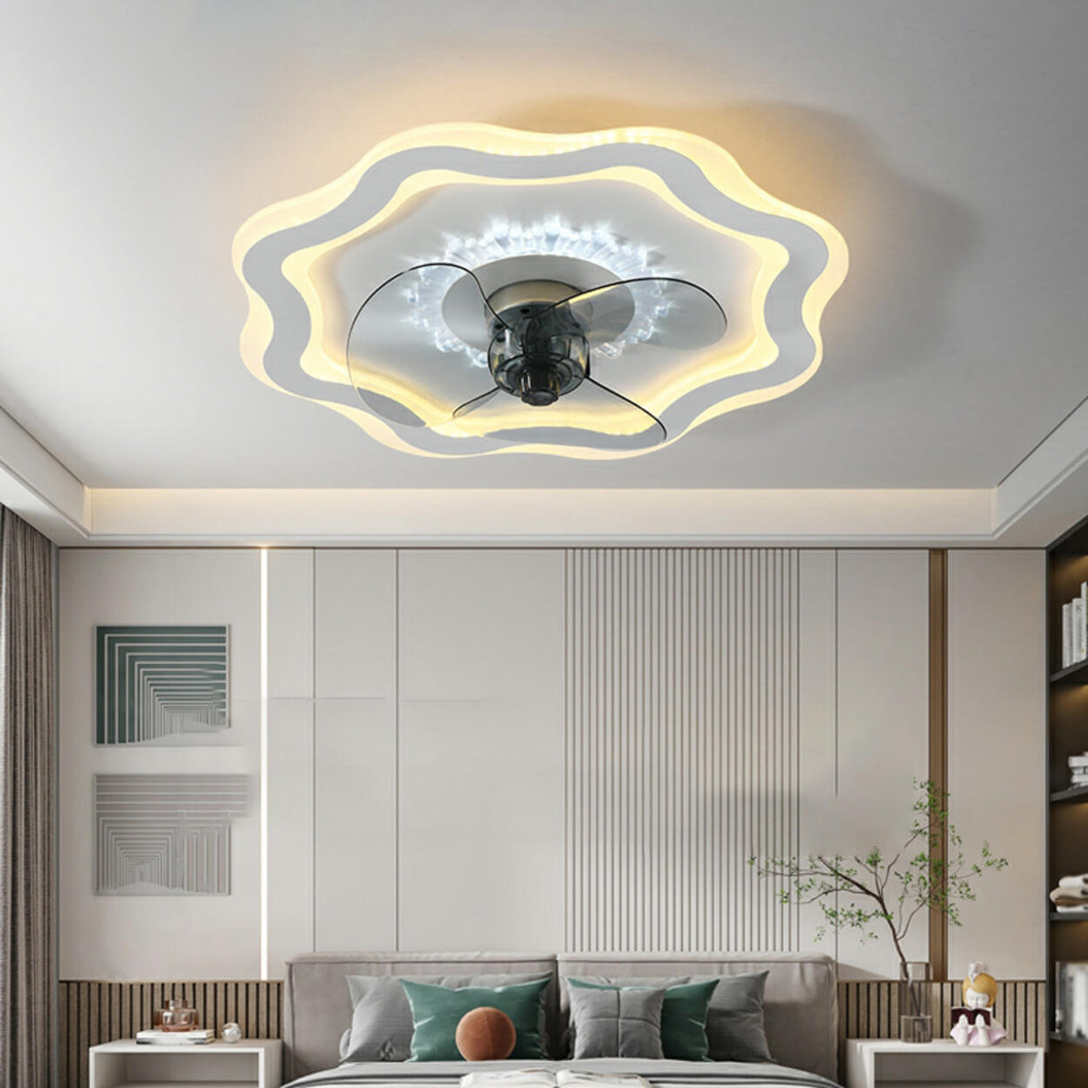 Modern White Flower Remote Ceiling Fan with LED Light Image - 2