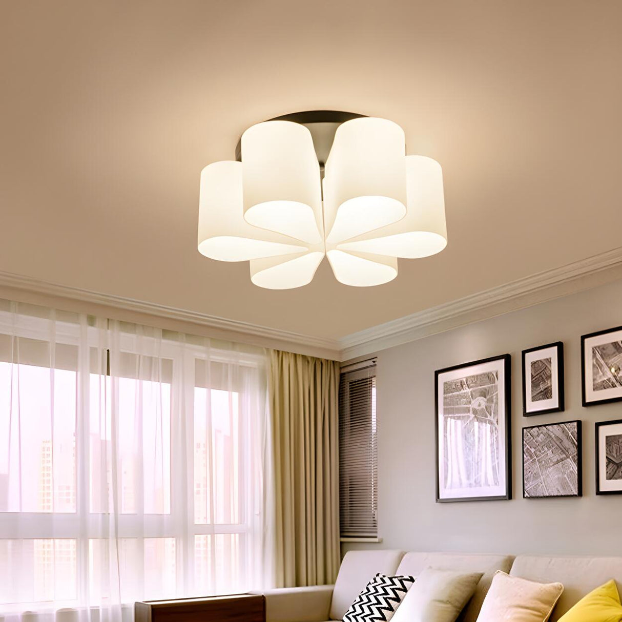 Modern White Flower Shape 6-Head Glass Flush Mount Lamp Image - 2