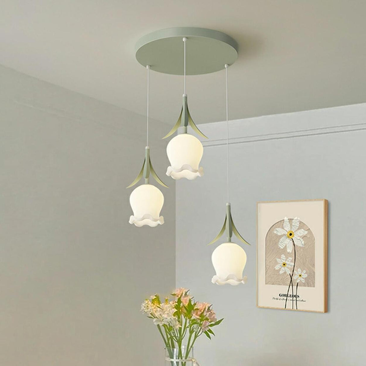 Modern White Glass Flower Dining Room Pendant Light Image - 5