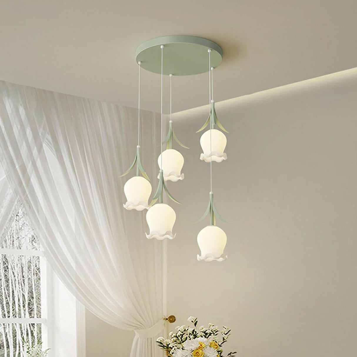 Modern White Glass Flower Dining Room Pendant Light Image - 7