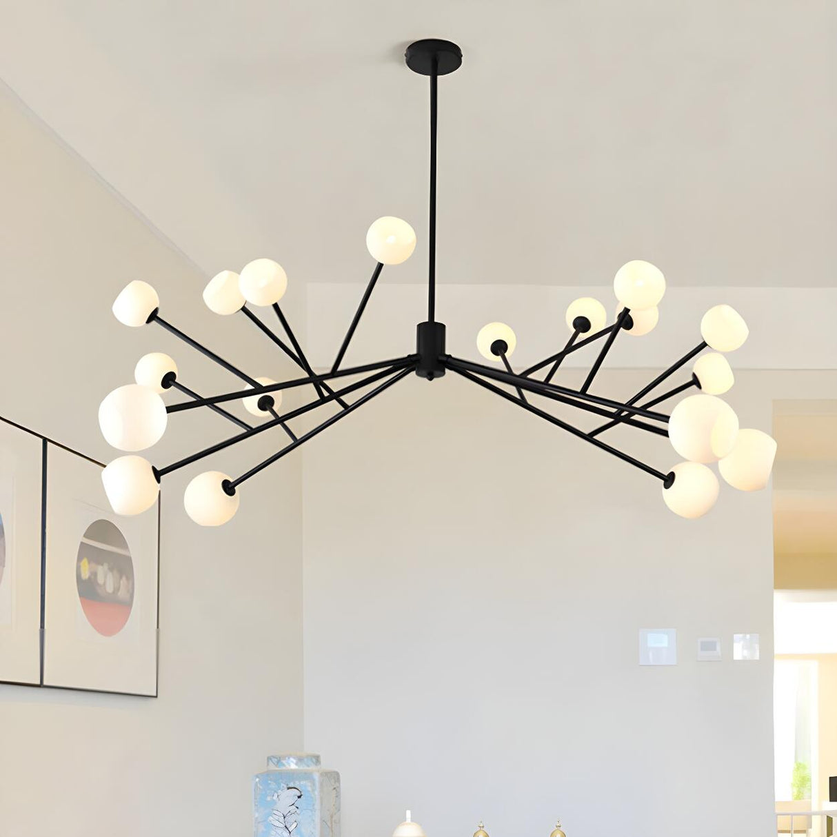 Modern White Glass Globe Black Branch Chandelier Image - 1