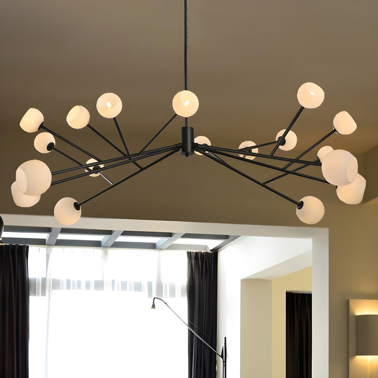 Modern White Glass Globe Black Branch Chandelier Image - 2