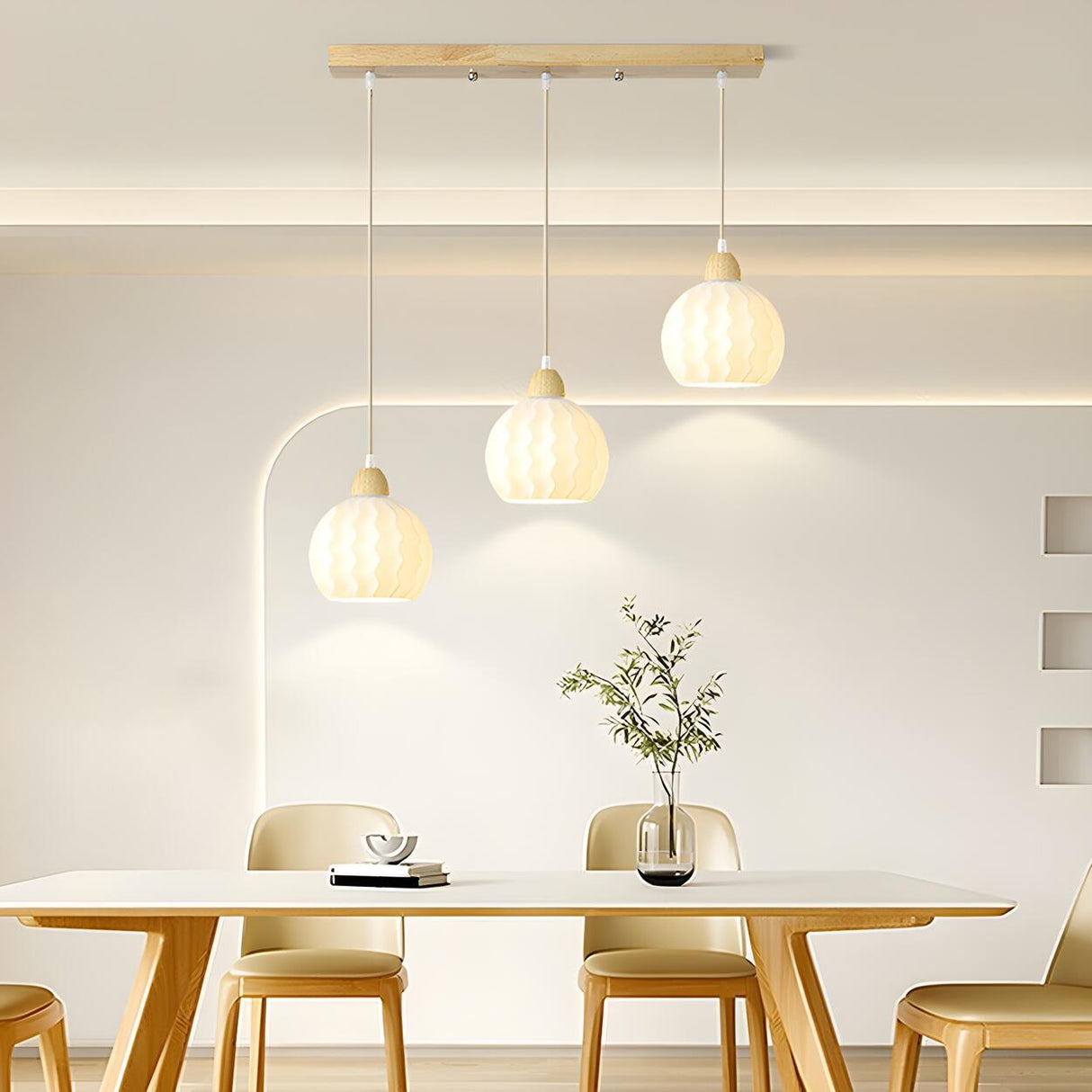 Modern White Glass Wavy Dome Dining Room Pendant Light Image - 8