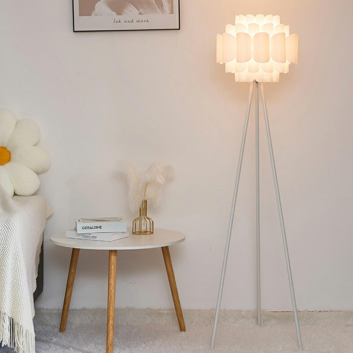 Modern White Honeycomb Shade Tripod Floor Lamp Image - 3