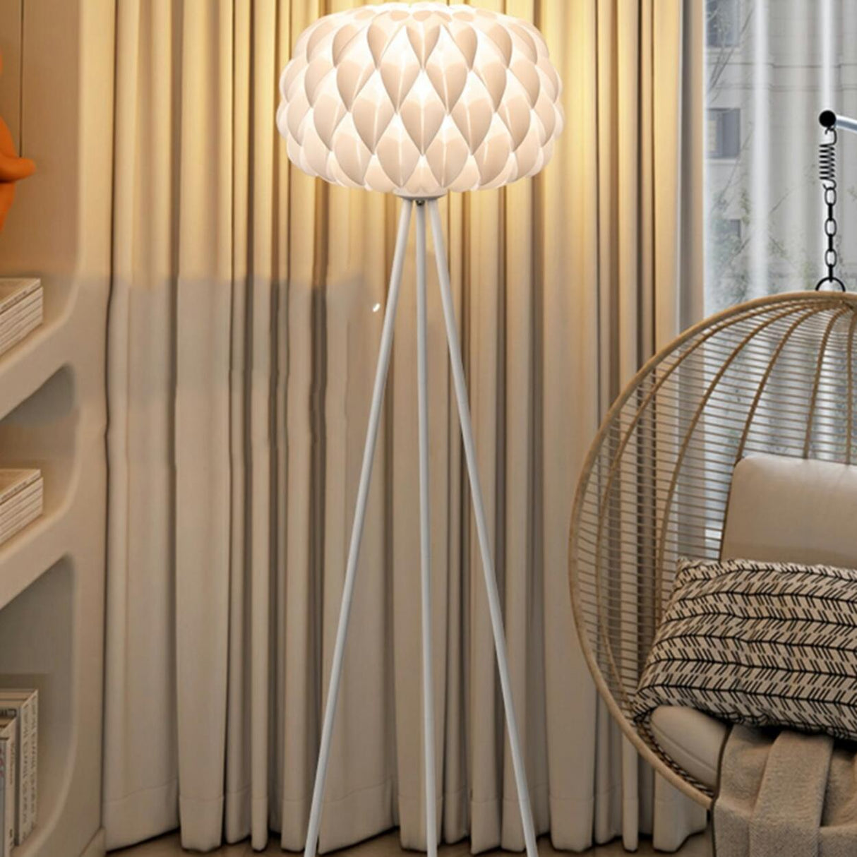 Modern White Honeycomb Shade Tripod Floor Lamp Image - 5