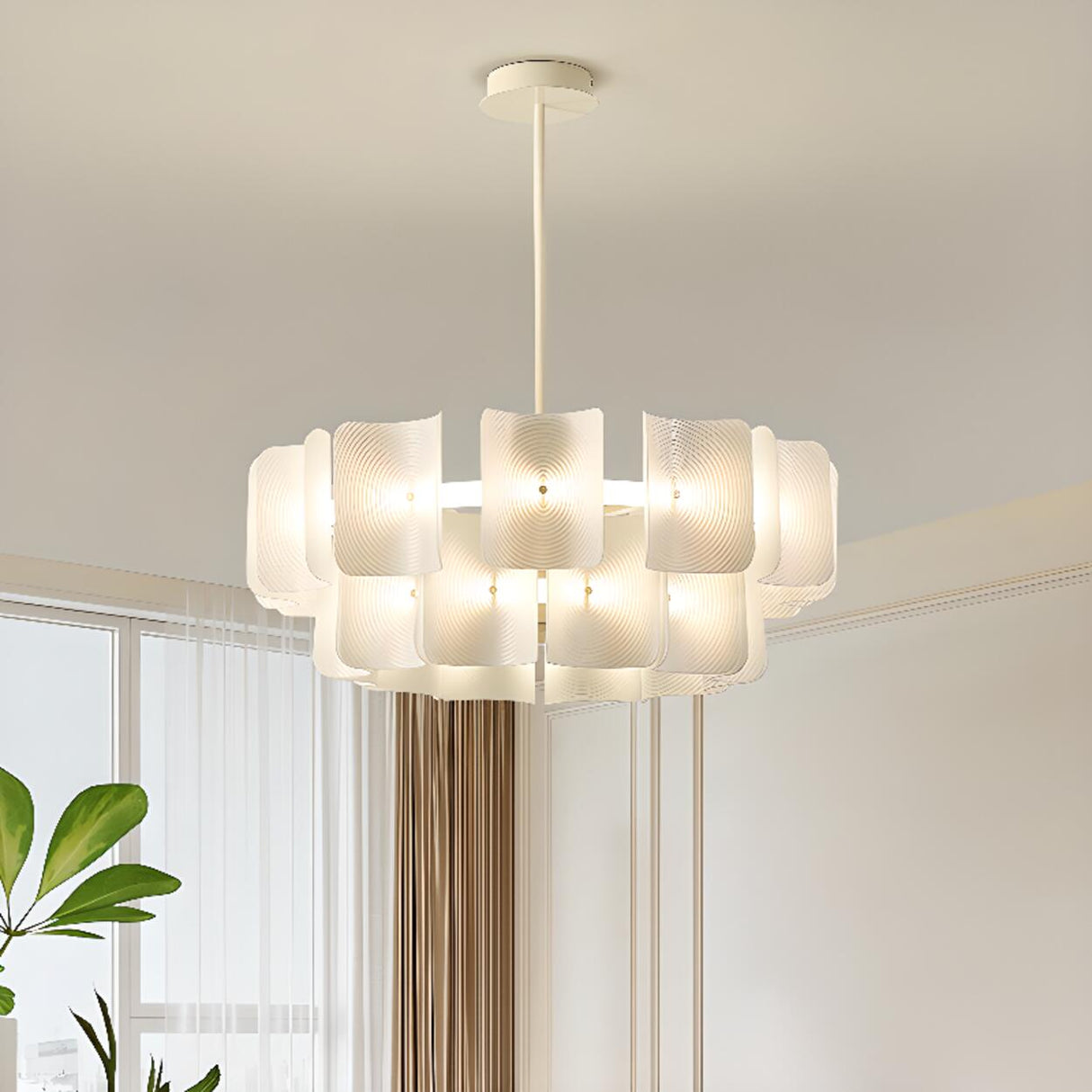 Modern White Layered Chandelier Adjustable Height Image - 6