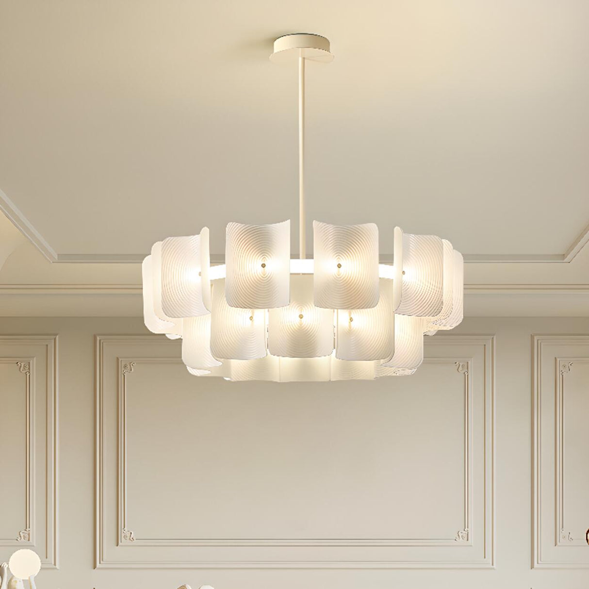 Modern White Layered Chandelier Adjustable Height Image - 7