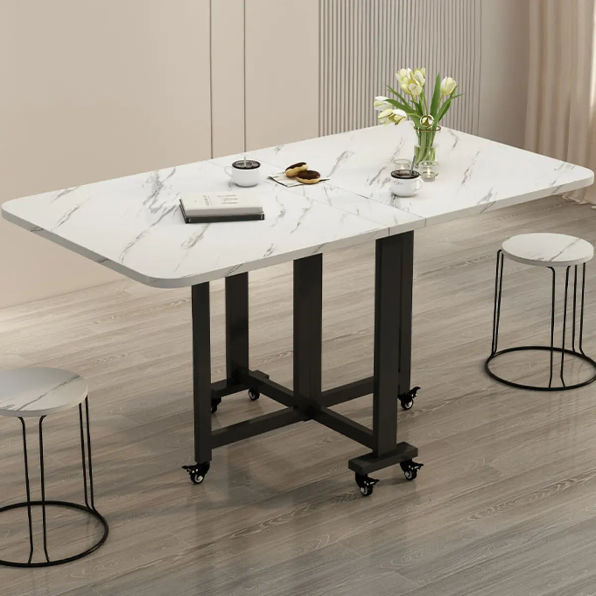 Modern White Marble Rectangle Folding Wood Dining Table Image - 4