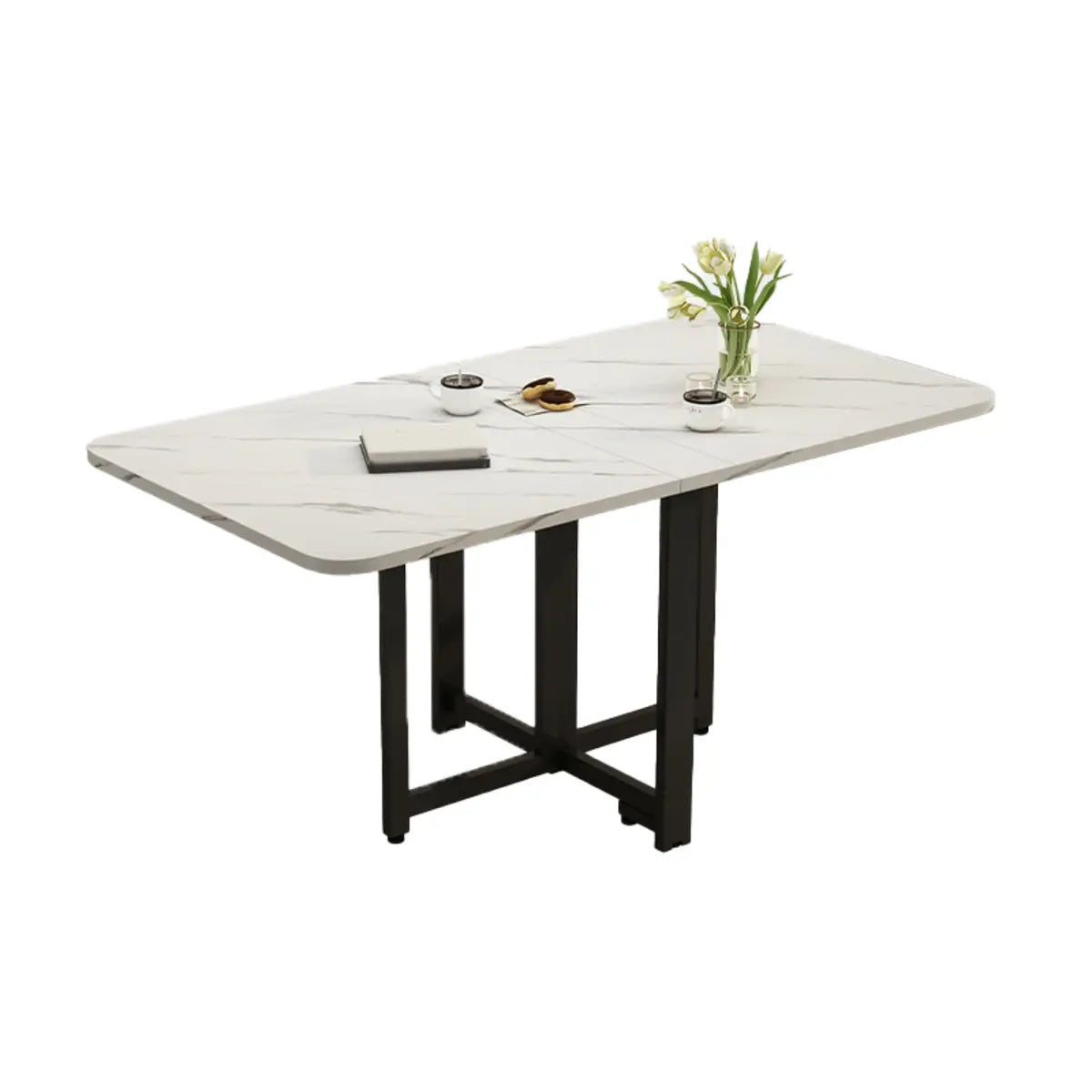 Modern White Marble Rectangle Folding Wood Dining Table Image - 9