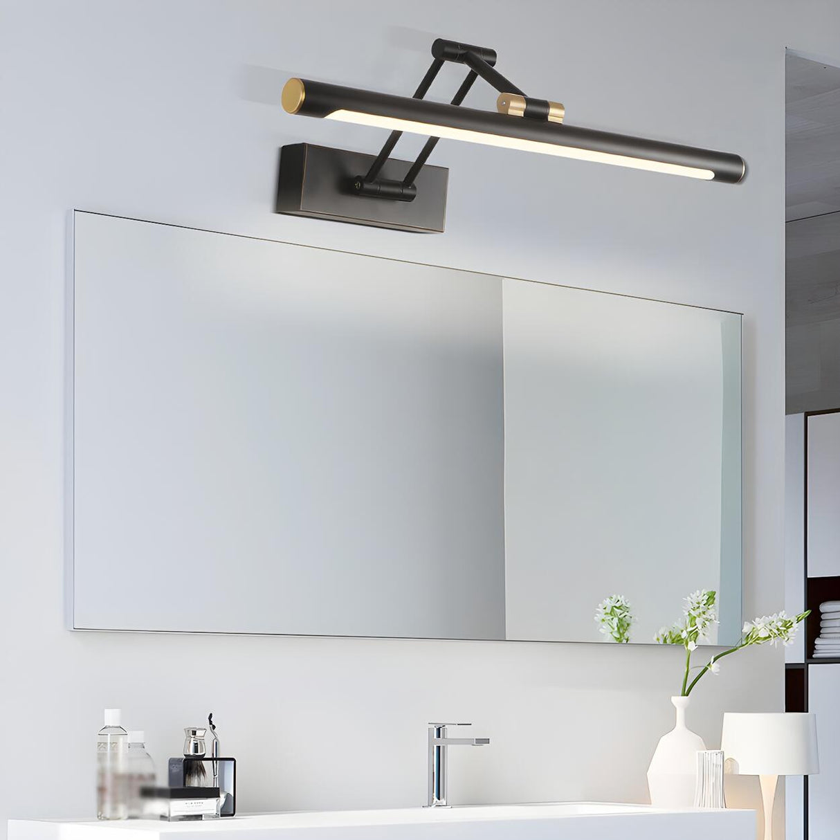 Modern White Metal Linear Swing Arm LED Vanity Light Image - 15