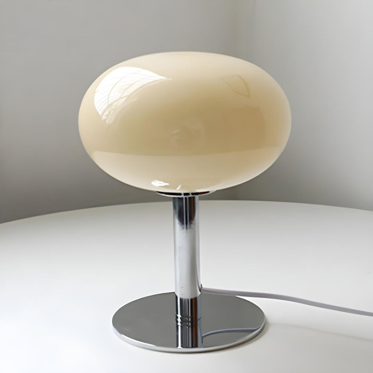 Modern White Oval Glass Shade Metal Base Table Lamp Image - 1