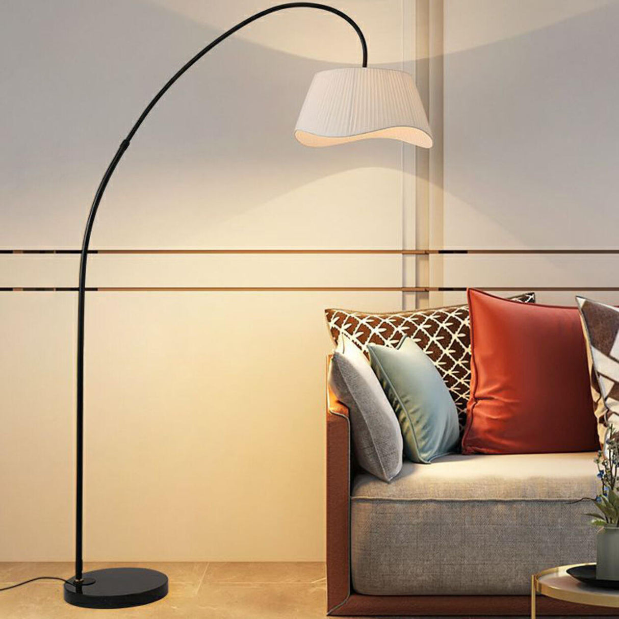 Modern White Pleated Arched Black Metal Floor Lamp Image - 1