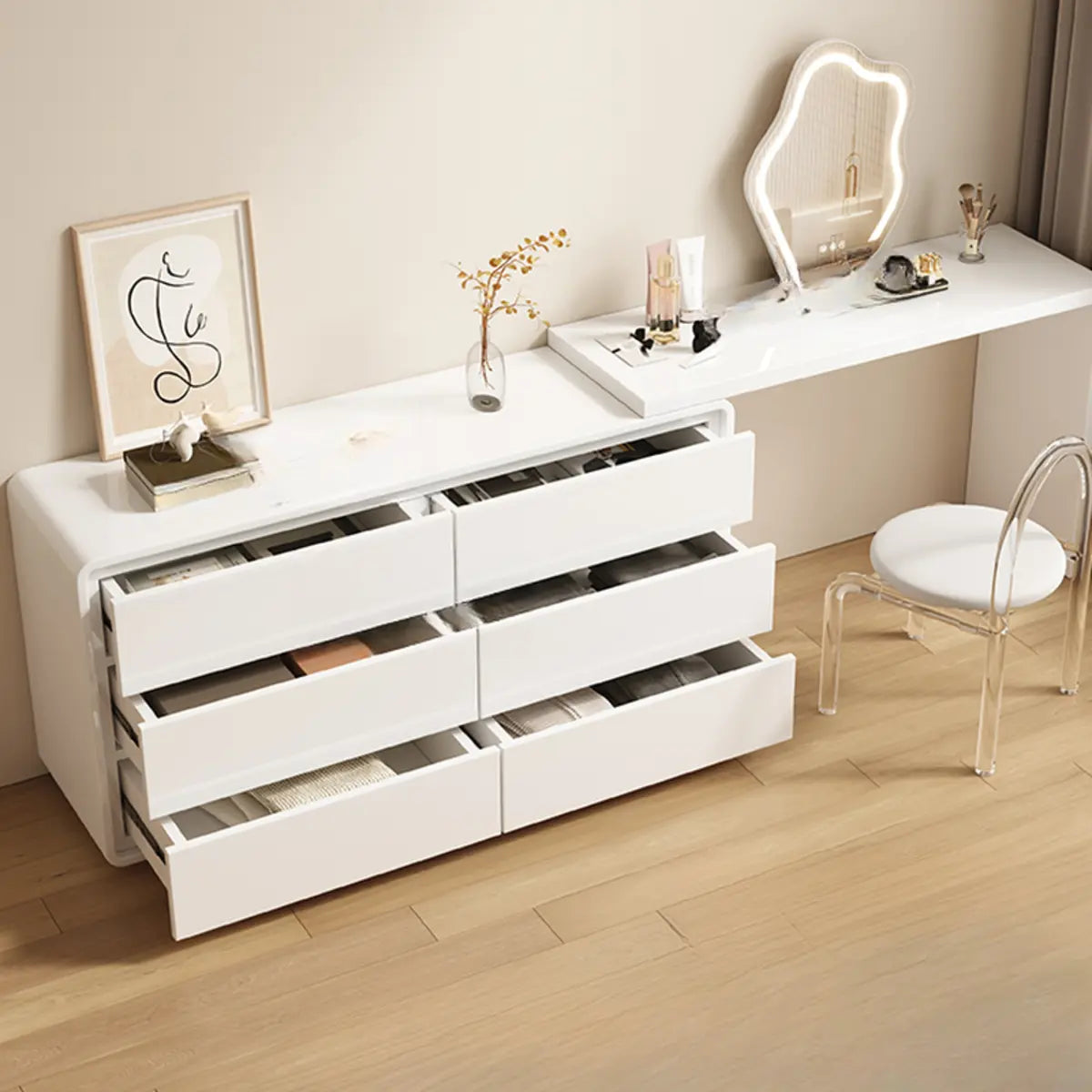 Modern White Polymer Light Mirror Drawers Sliding Vanity Set Image - 4