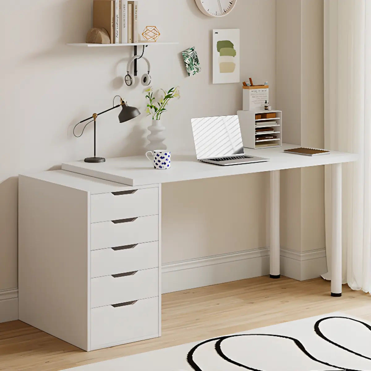 Modern White Rectangle Soft Close Drawers Computer Desk Image - 11