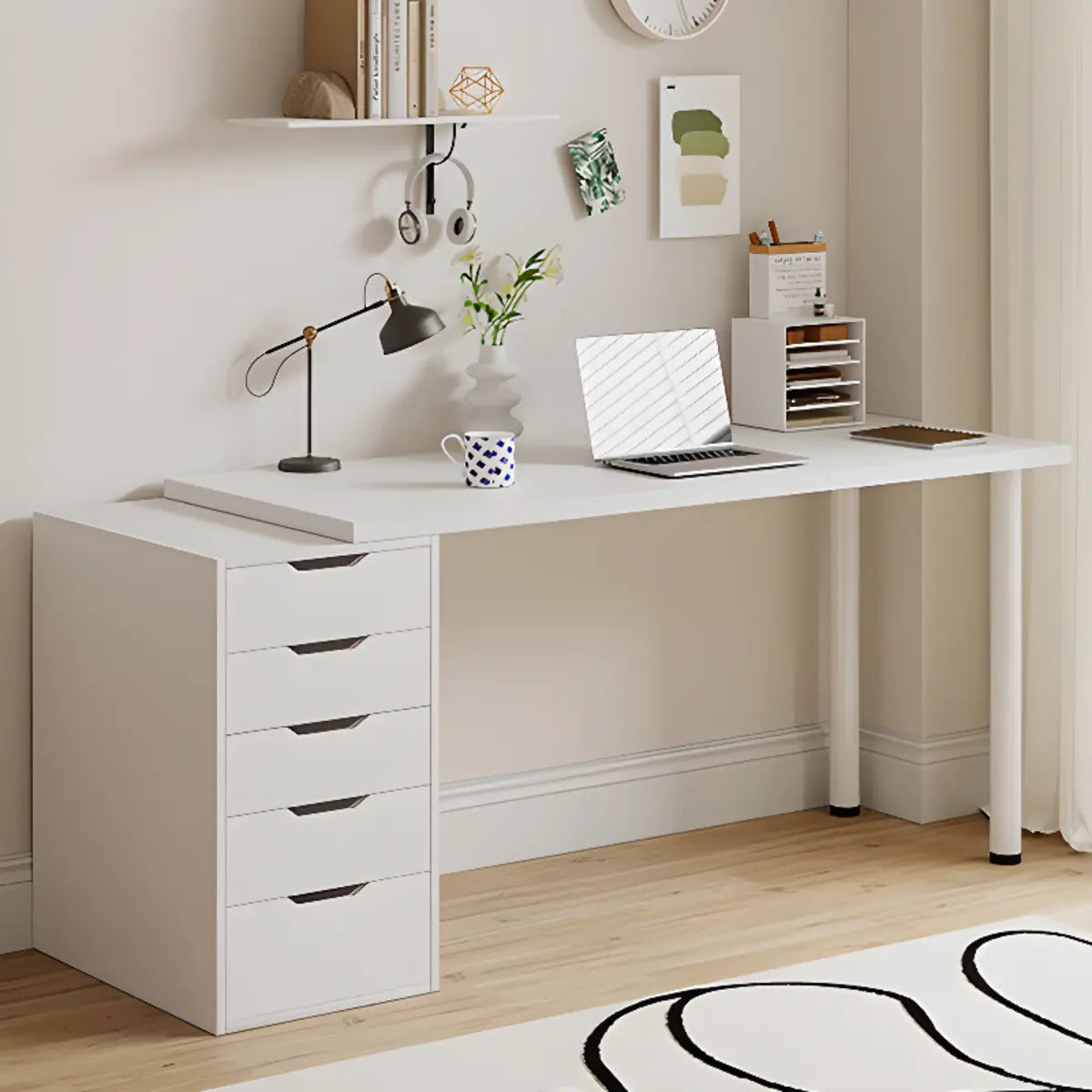 Modern White Rectangle Soft Close Drawers Computer Desk Image - 16