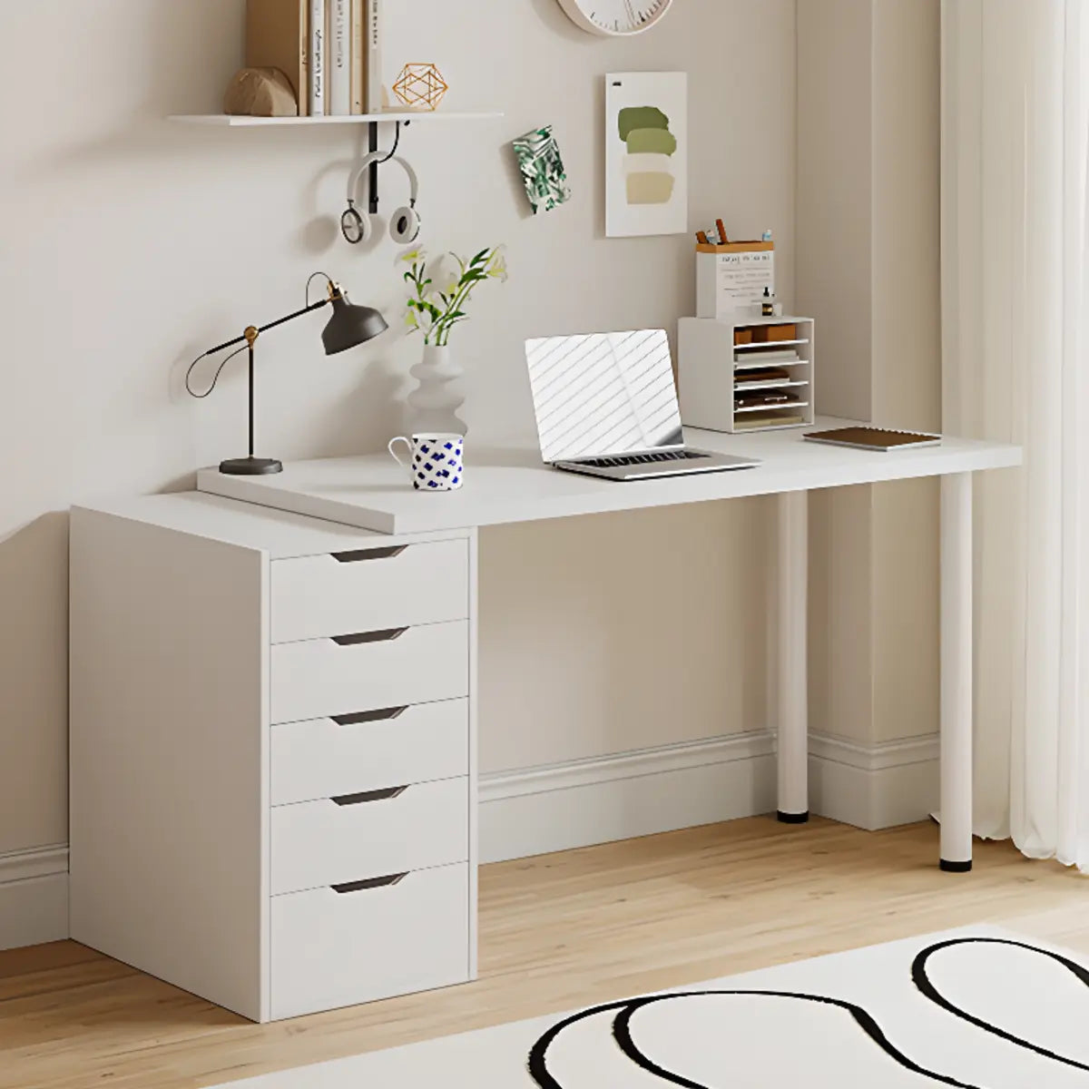 Modern White Rectangle Soft Close Drawers Computer Desk Image - 4