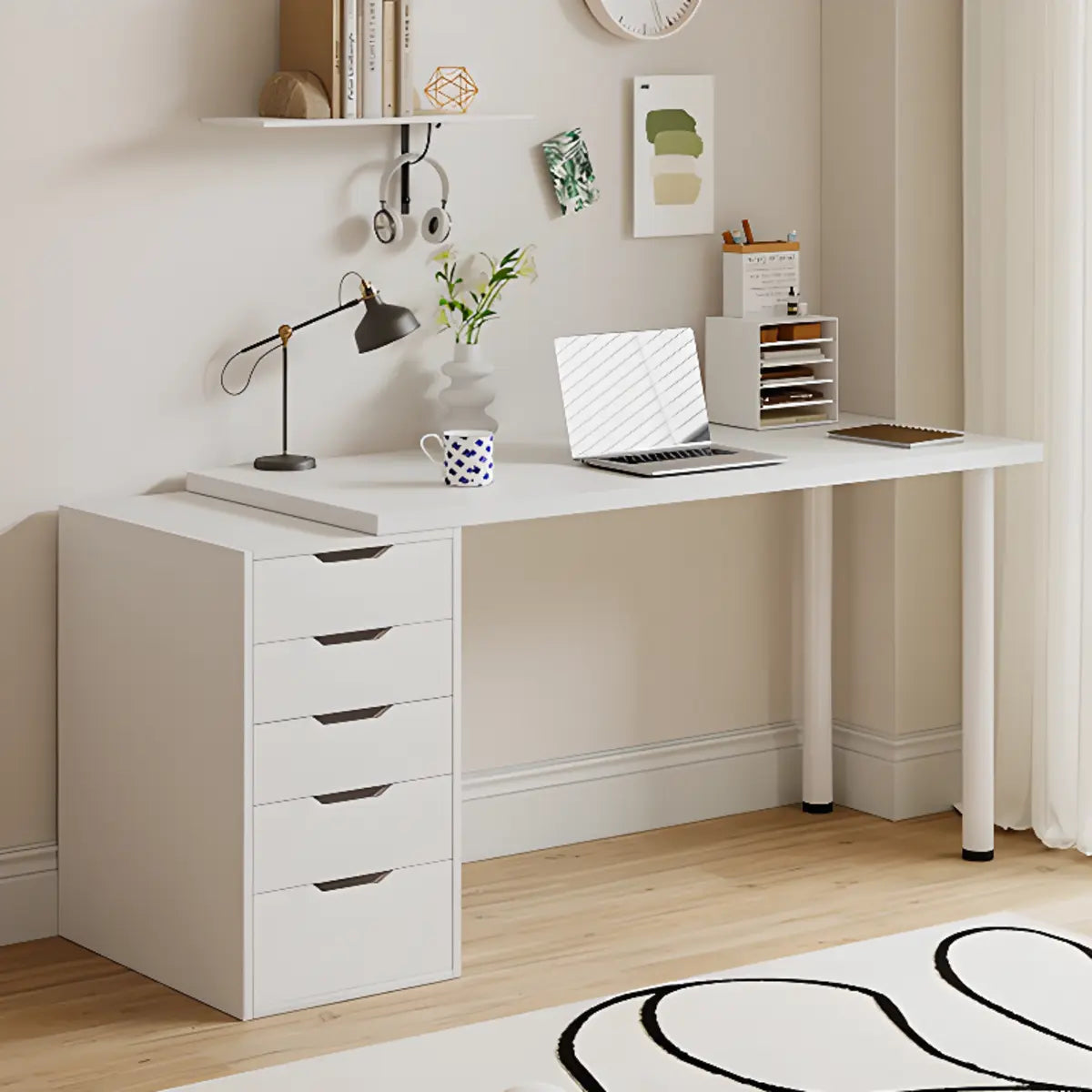 Modern White Rectangle Soft Close Drawers Computer Desk Image - 9