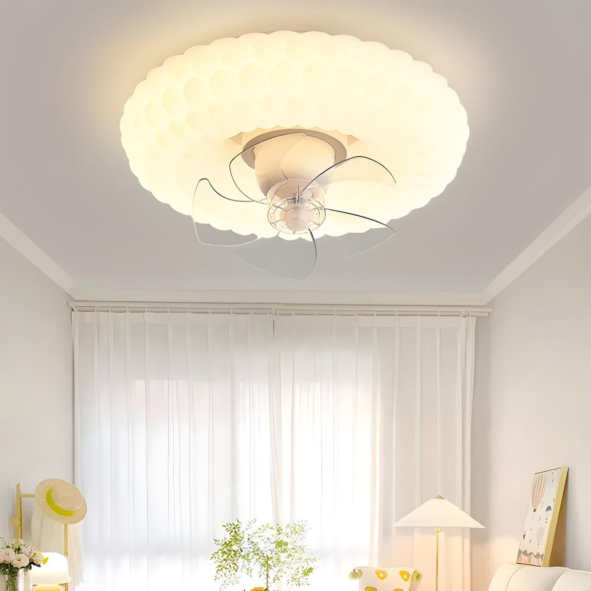 Modern White Ring Cloud Flush Ceiling Fan with Light Image - 15