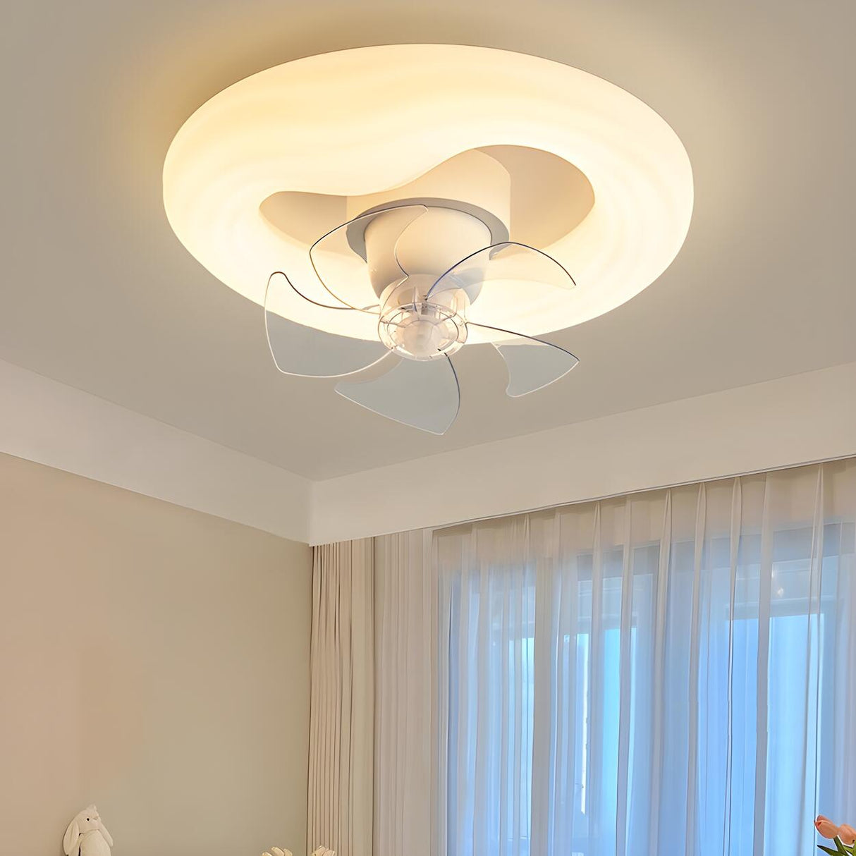 Modern White Ring Cloud Flush Ceiling Fan with Light Image - 2