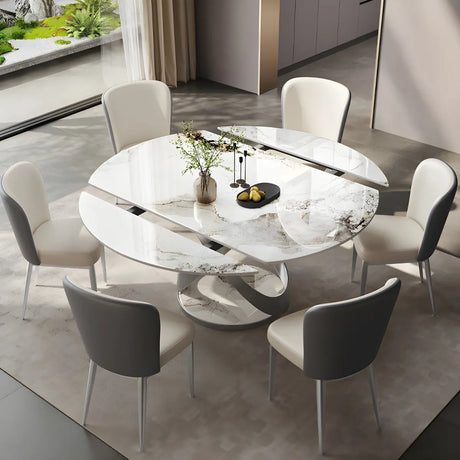 Modern White Round Marble Stone Dining Table Extendable Image - 1