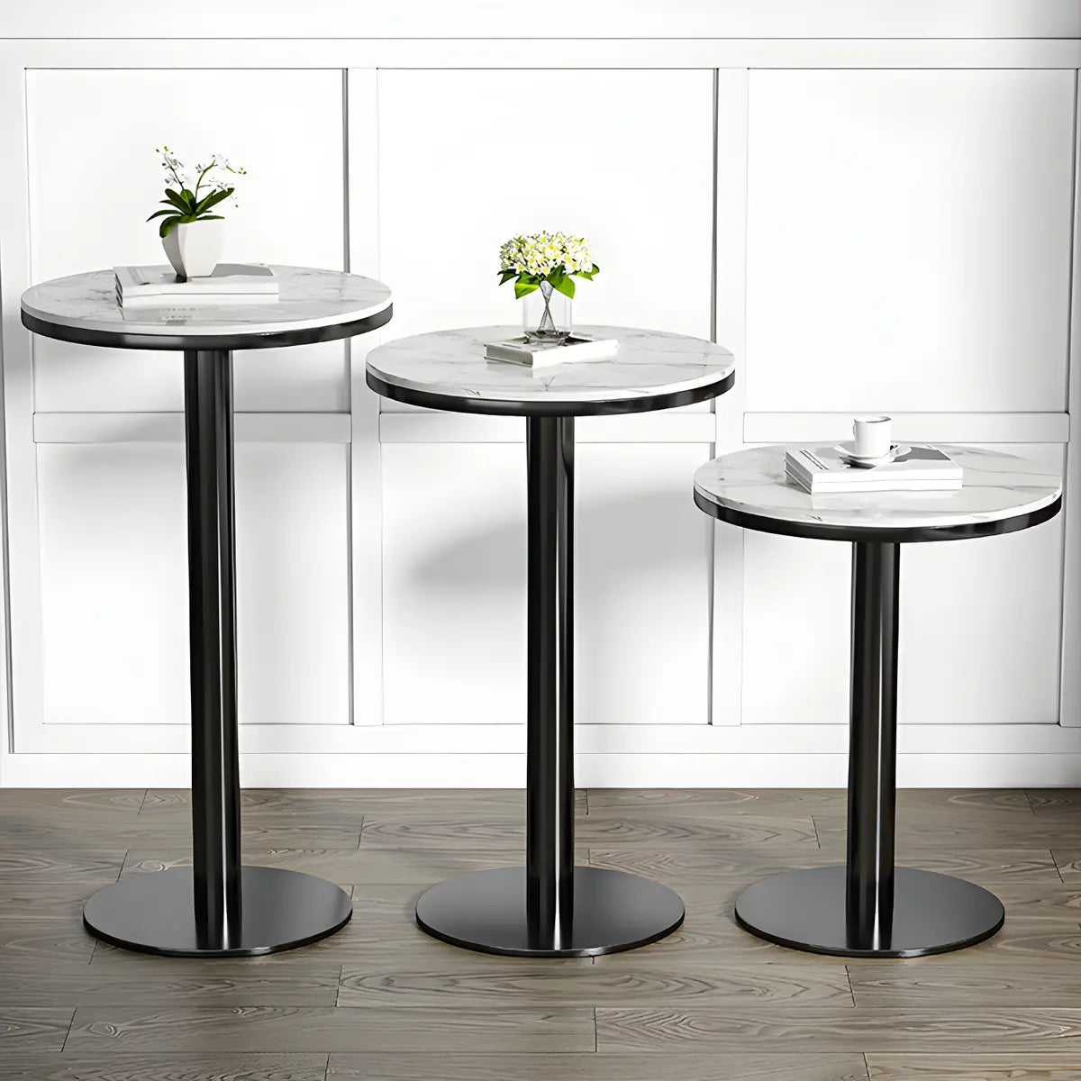 Modern White Round Mini Marble Black Metal High Bar Table Image - 9