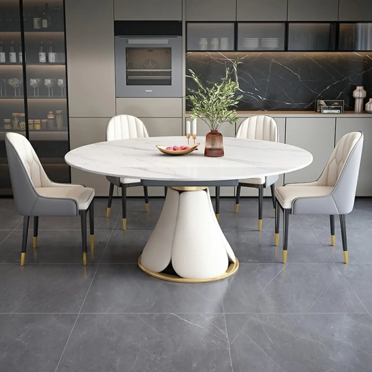 Modern White Round Stone Extendable Dining Table Steel Base Image - 1