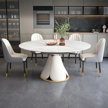 Modern White Round Stone Extendable Dining Table Steel Base Image - 1