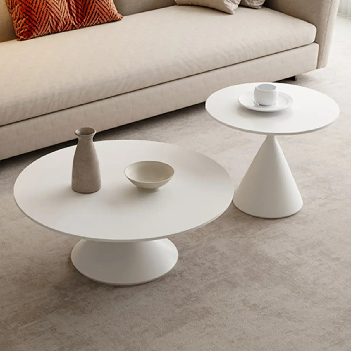 Modern White Round Stone Steel Base Nested Coffee Table Image - 4