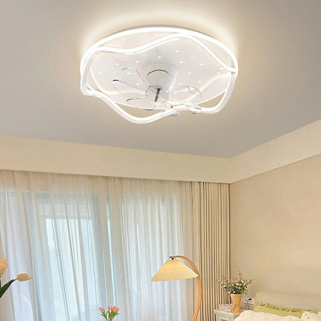 Modern White Round Wave Flush Ceiling Fan with Light Image - 2